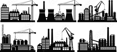 Industrial factory silhouettes vector illustration, chemical plant, power plant, manufacturing facility, cooling towers, chimneys, storage tanks, cranes, piping machinery, construction expansion