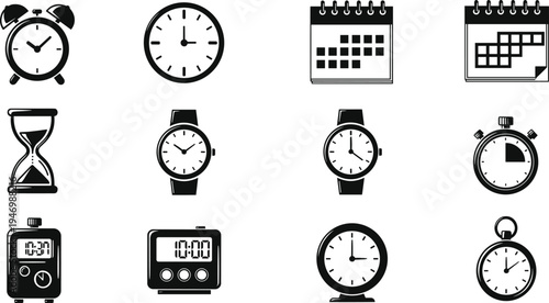 Time and clock icons set including alarm clock, wristwatch, stopwatch, calendar and hourglass symbols for schedule, timer and deadline concept