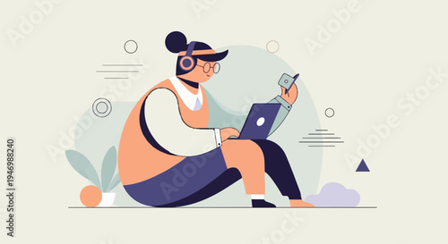 Stylized character with headphones and laptop, engaged in focused work or study