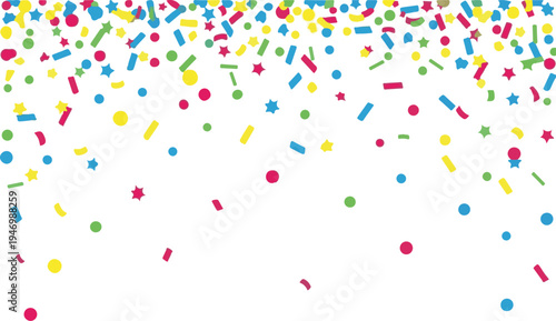 A colorful confetti background with vibrant shapes and bright colors