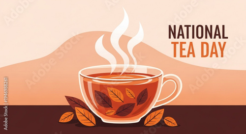 Steaming cup of tea with leaves on national tea day against a mountain background
