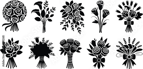 Black silhouette set of wedding flower bouquets, rose and lily floral arrangements with ribbons and bows for bridal decoration and romantic gift design