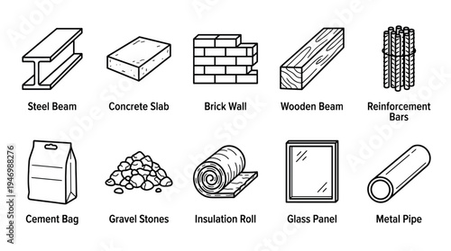 A clean, graphic collection of hand-drawn icons representing various building materials, ideal for illustrating construction, DIY projects, or architectural design.
