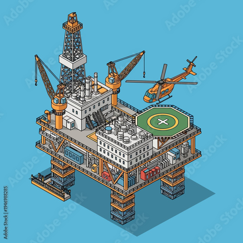 Isometric illustration of an offshore oil rig with a helicopter and cranes.