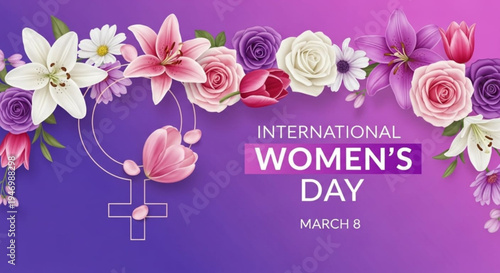 International women's day march 8 floral celebration background with purple pink and white flowers and female symbol