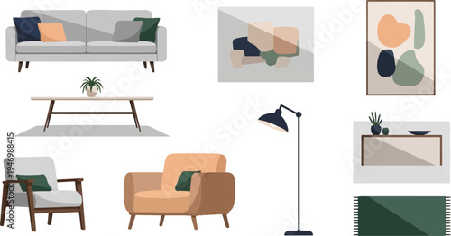 A minimalist living room setup with modern furniture and abstract art