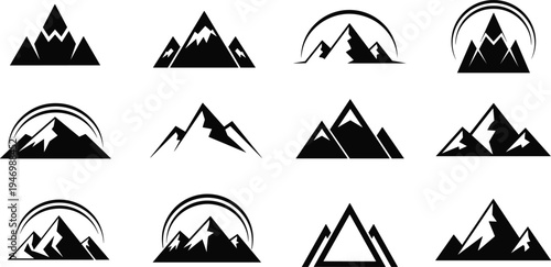 Mountain landscape logo icon set with abstract peaks and alpine silhouettes, outdoor adventure nature symbols collection for travel and hiking design