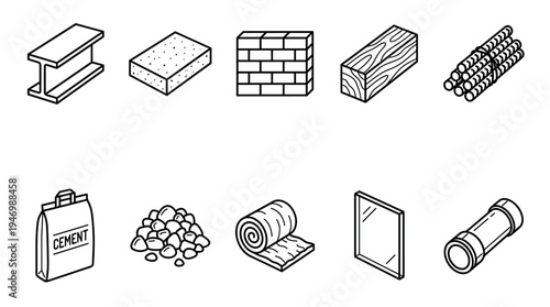 A collection of isometric line art icons representing various building materials, presented on a clean white background.