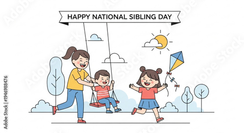 Happy siblings playing outside on national sibling day with a woman pushing a boy on a swing and a girl flying a kite