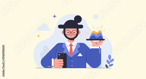 Cartoon man in suit holding a phone and a tray with a graph