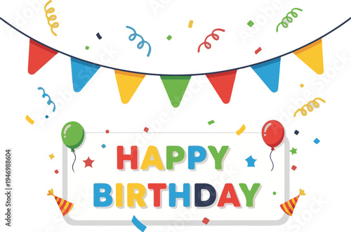 A colorful happy birthday celebration with balloons and confetti