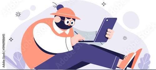 Cartoon person with hat and glasses uses a laptop and stylus