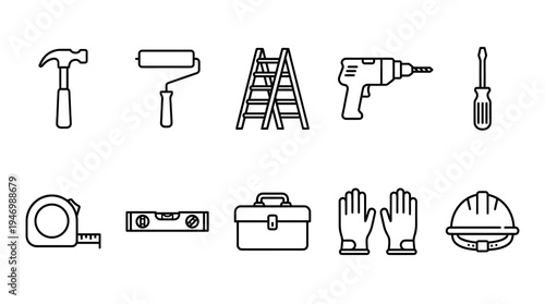 A collection of simple outline icons representing various construction tools and safety equipment, perfect for illustrating DIY projects, home renovation, or professional trades.