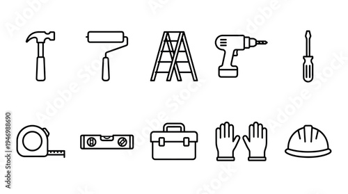 A minimalist black and white line art icon set showcasing various construction and DIY tools against a clean white background.