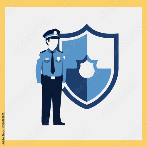 Police officer standing next to shield.