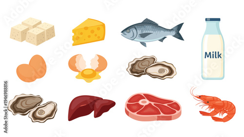 Diverse selection of protein-rich foods, including tofu, cheese, fish, milk, eggs, oysters, liver, steak, and shrimp, for a balanced diet.
