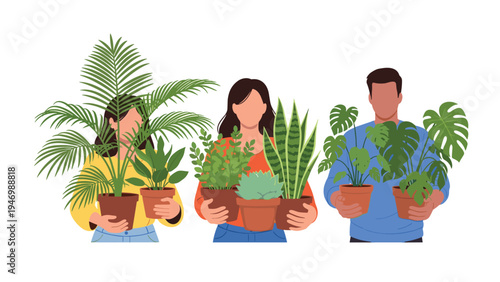 Group of three individuals, two women and one man, happily holding various potted houseplants, promoting nature, green living, and home gardening.