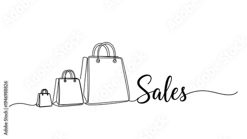 Progressive line art illustration featuring three shopping bags of increasing size, accompanied by the handwritten word "Sales," symbolizing retail promotions.