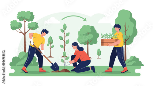 Dedicated people actively planting trees in a lush park, demonstrating different stages of reforestation and environmental conservation.