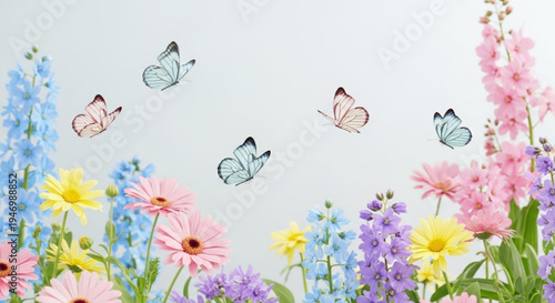 Colorful butterflies fly over vibrant flowers in a lush garden with a gray background