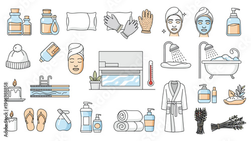 Extensive collection of spa, sauna, and relaxation icons, including essential oils, facial masks, bath towels, a pool, and candles.