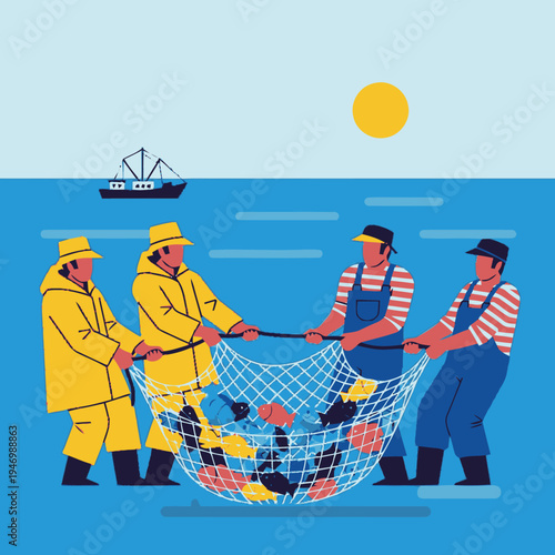 Four fishermen pulling a large fishing net.