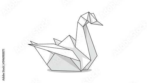 Graceful polygonal origami swan, delicately crafted from folded paper in shades of grey and white, resting on a clean background.