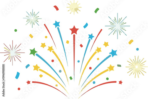 A colorful illustration of fireworks and stars on a white background