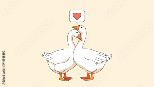 Two adorable white geese facing each other with a floating heart symbol above, representing love, companionship, and romantic affection.