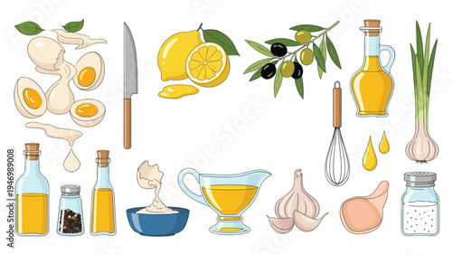 Comprehensive collection of ingredients for making homemade mayonnaise and dressings, including eggs, lemon, olive oil, garlic, and fresh herbs.