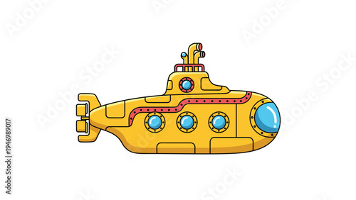 Cheerful yellow cartoon submarine with portholes and propellers, designed in a whimsical style, perfect for children's adventures.