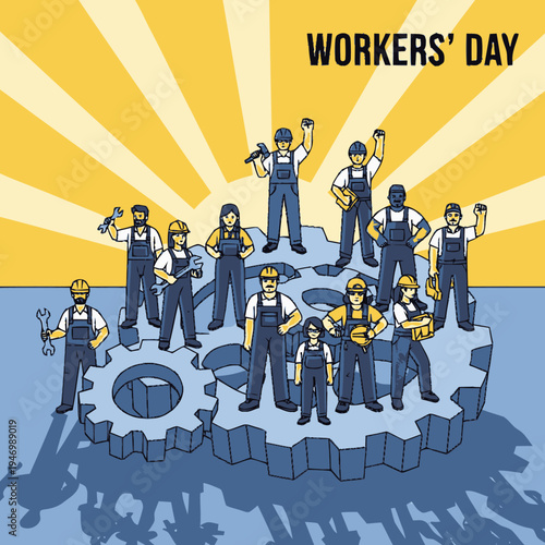 Workers' Day illustration with laborers celebrating.