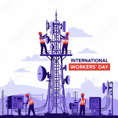 Workers installing telecommunications equipment on tower.