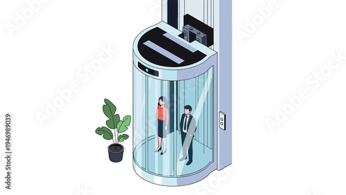 Modern isometric illustration of a sleek glass elevator with a man and a woman inside, symbolizing upward mobility and corporate transport.