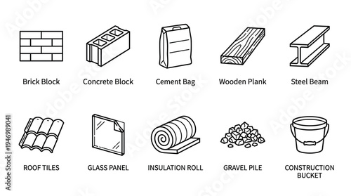 A collection of simple line art icons representing various building materials, including bricks, cement, wood, and tools, ideal for websites and presentations.