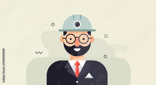 A smiling man in a hard hat, glasses, and suit with a tie