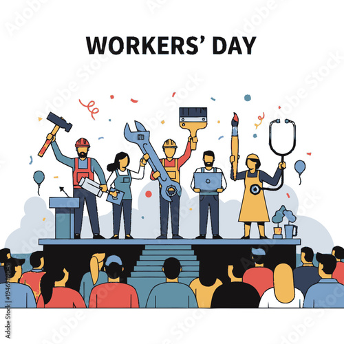 Workers' Day celebration with diverse professionals.