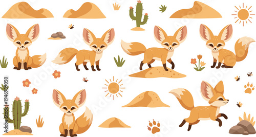 Cute Fennec Fox Desert Cartoon Vector Set with Running Sitting Jumping Fox Characters Cactus Sand Dunes Sun and Nature Elements Illustration