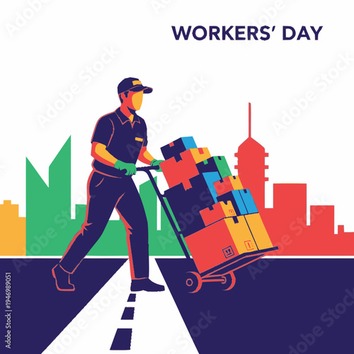 Worker pushing a cart on Workers' Day.