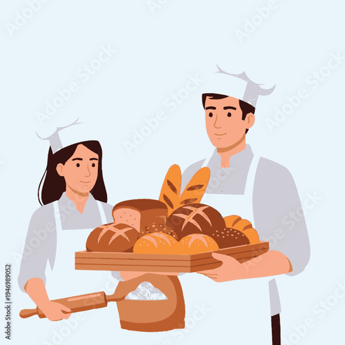 Bakers holding tray of fresh bread.