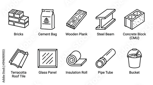A clean line art illustration showcasing a collection of common construction material icons, perfect for design projects related to building and renovation.