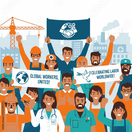 Diverse group of workers celebrating Labor Day.