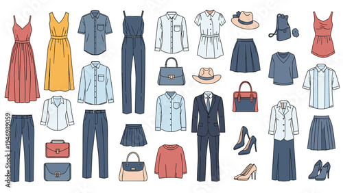 Extensive collection of diverse men's and women's clothing and accessories, including dresses, shirts, pants, bags, and shoes, for fashion.