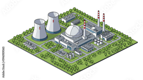 Detailed isometric illustration of a nuclear power plant, featuring prominent cooling towers and various interconnected industrial buildings.