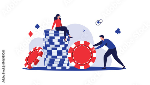 People interacting with large casino chips, with a woman sitting on a stack and a man pushing a chip, symbolizing gambling or finance.