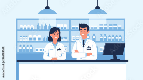 Professional male and female pharmacists smiling confidently behind a well-stocked pharmacy counter, ready to assist customers with healthcare.