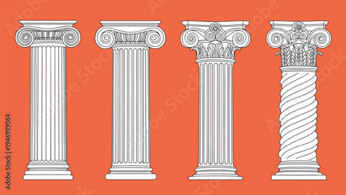 Collection of four classic ancient Greek and Roman architectural columns, showcasing Doric, Ionic, Corinthian, and distinctive twisted styles.