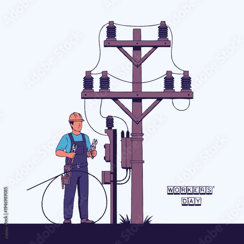 Electrician working on power line tower.