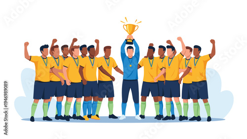 Victorious soccer team celebrating their hard-earned win, with the proud coach holding the shining trophy high in triumph.