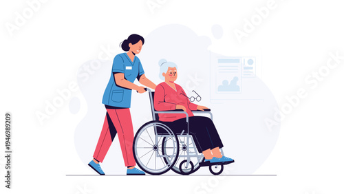 Caring female nurse in uniform pushing an elderly woman in a wheelchair, providing assistance and support in a healthcare or residential setting.